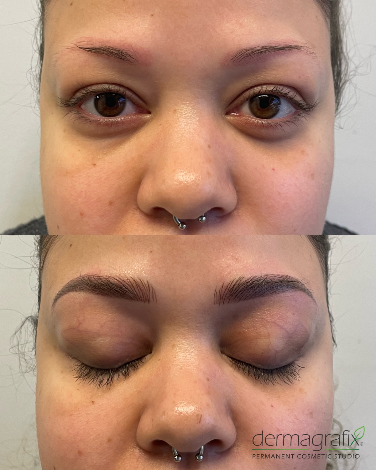 Before and after Bi-Fusion brow work over an old, faded brow tattoo