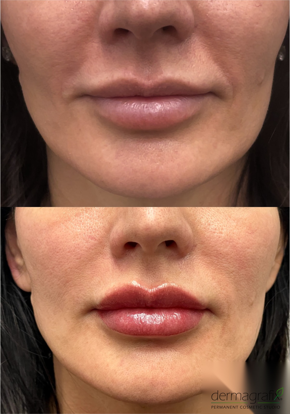 Before and after lip blushing permanent makeup adding colour, fullness, and a defined lip border