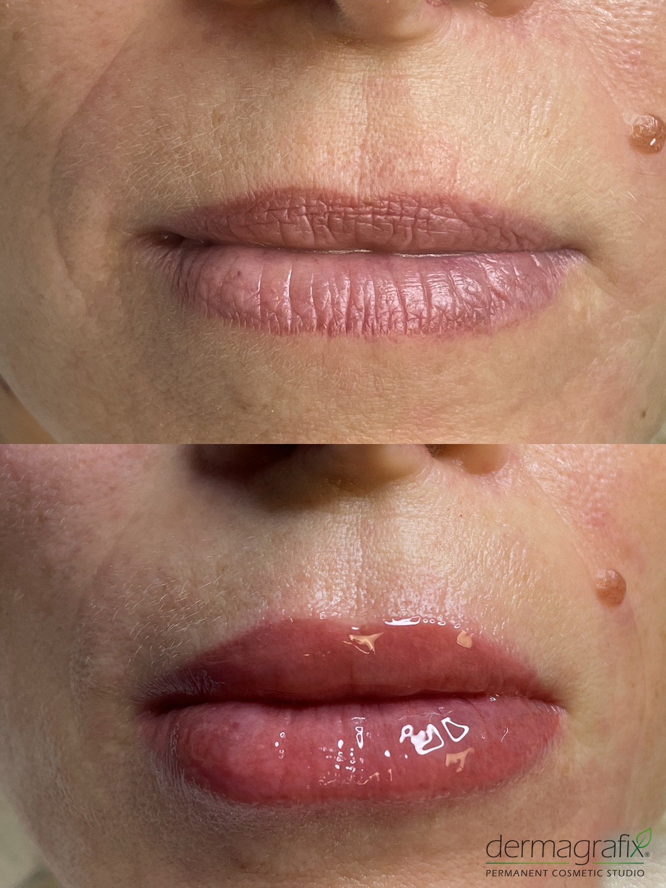 Before and after lip blushing permanent makeup restoring natural lip colour and definition