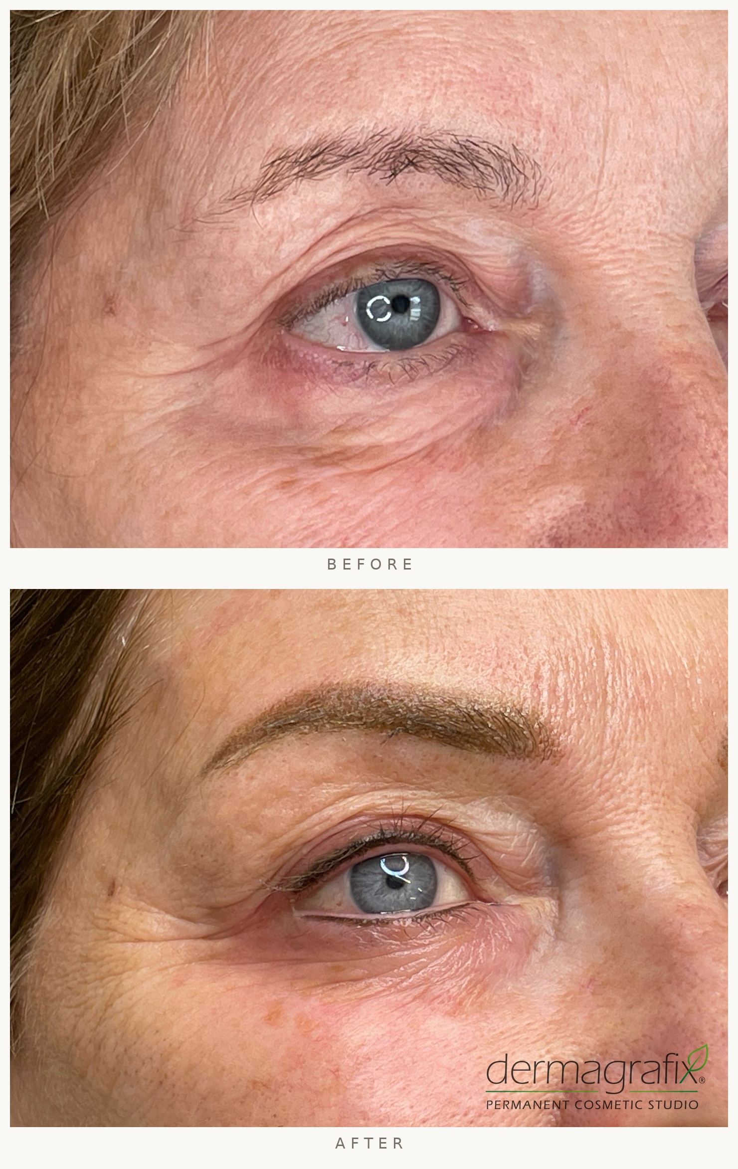 Before and after nanofill brows with lash enhancement, shown in matched oblique framing