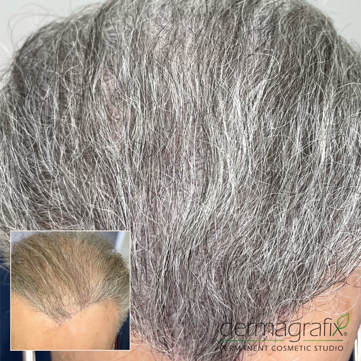 Scalp micropigmentation adding density through the frontal hairline and mid-scalp of a man with salt and pepper hair