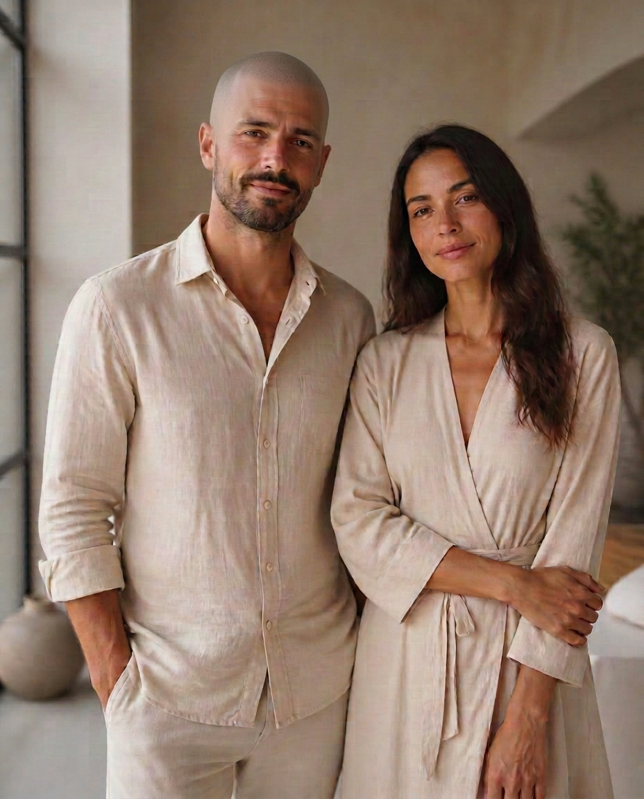 A man with scalp micropigmentation and a woman standing together in a calm, warm-toned studio space