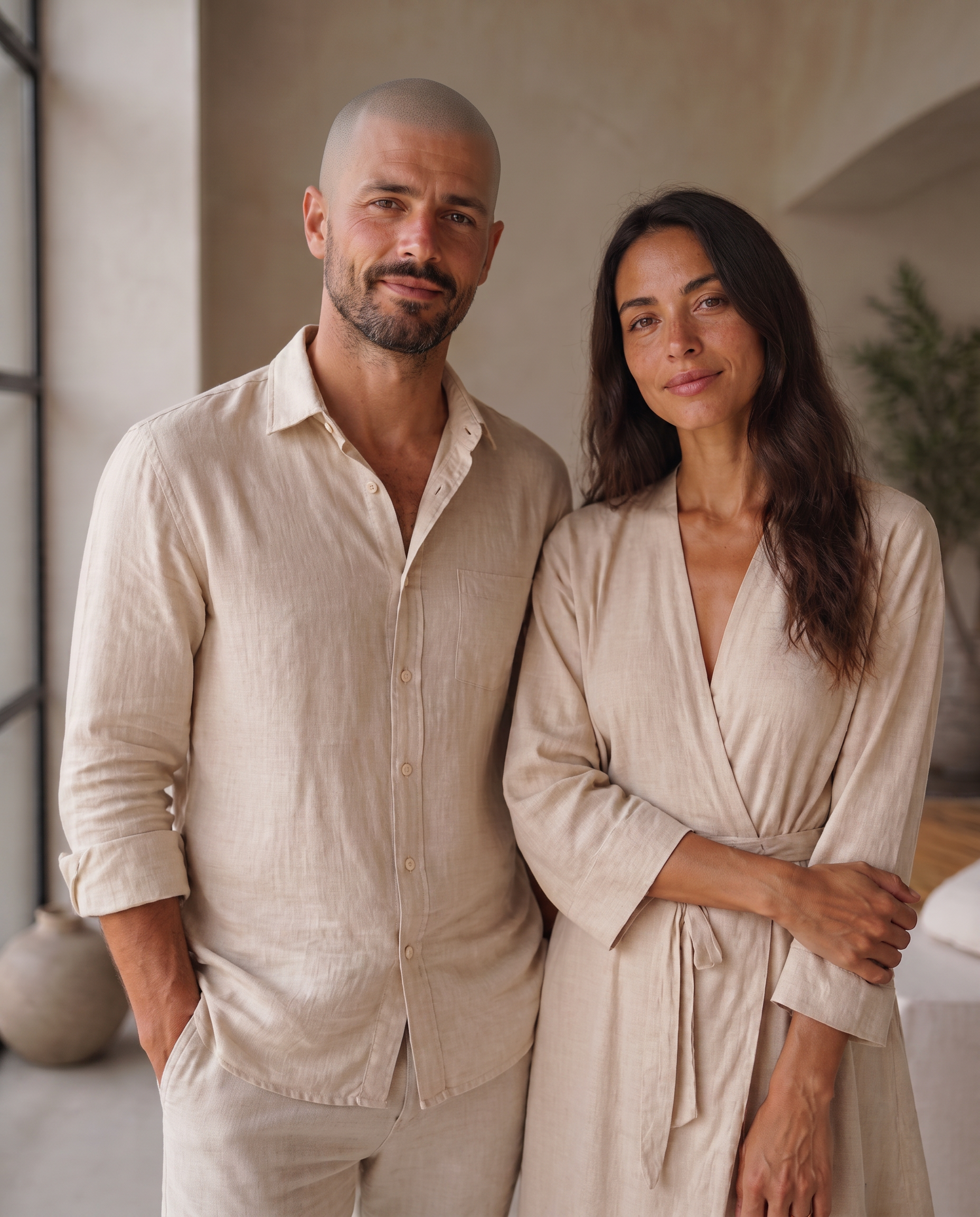 A man with scalp micropigmentation and a woman standing together in a calm, warm-toned studio space