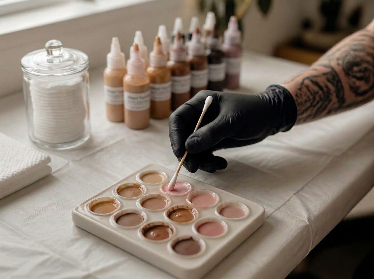Artist blending custom skin-tone pigments on a studio palette